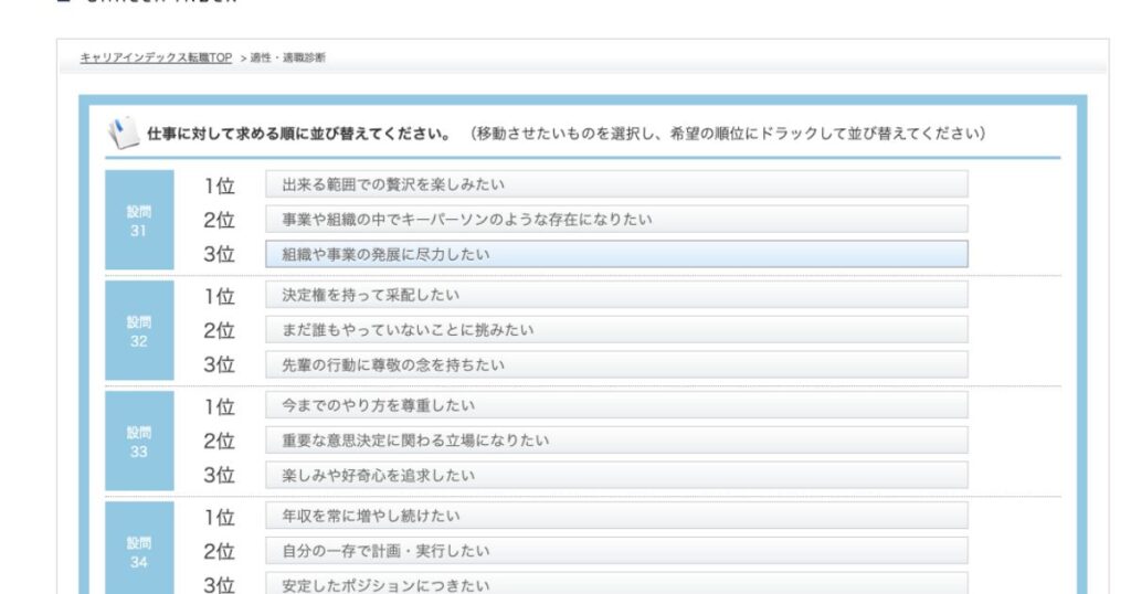キャリアインデックス適職診断-後半(設問31〜39):並び替え形式